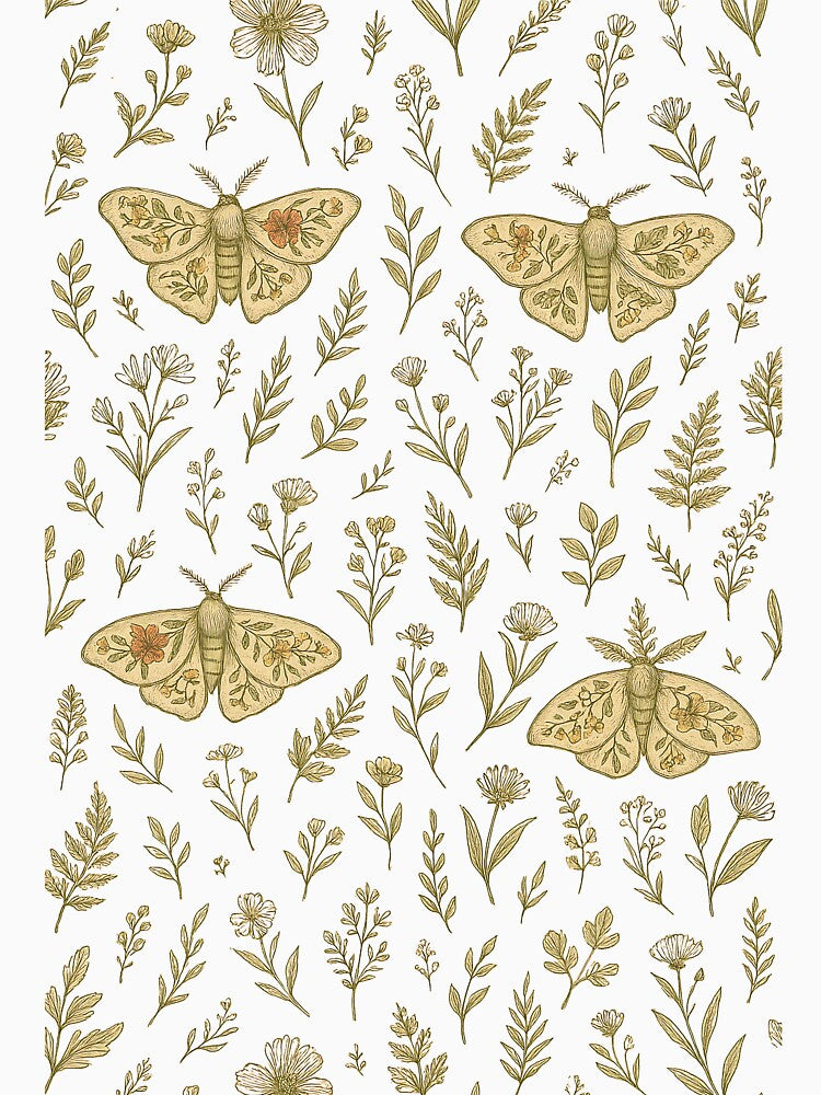 Botanical Moth Pattern – Vintage Floral Insect Design on Black by Zee's Whimsical Wonders