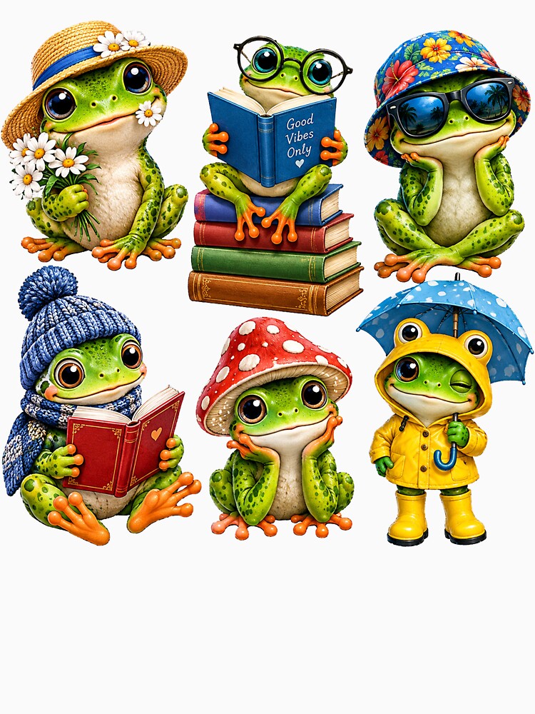 Cute Funny Frogs with Hats and Books – Whimsical Frog Lover Design by CreativeNest Prints