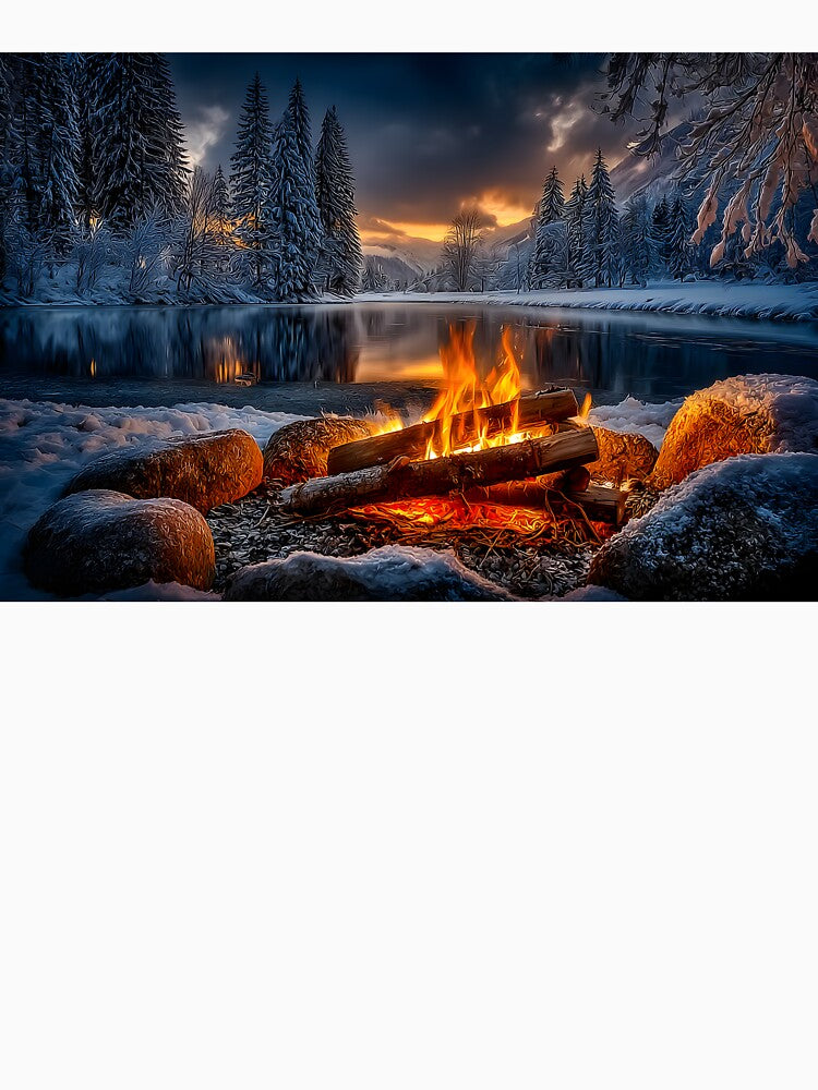 Cozy Campfire Amidst Snowy Winter Wonderland Scene by Artessie