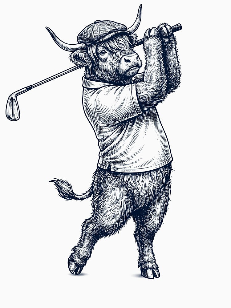 Vintage Highland Cow Playing Golf Golfer Animal Lover by TerryConnells