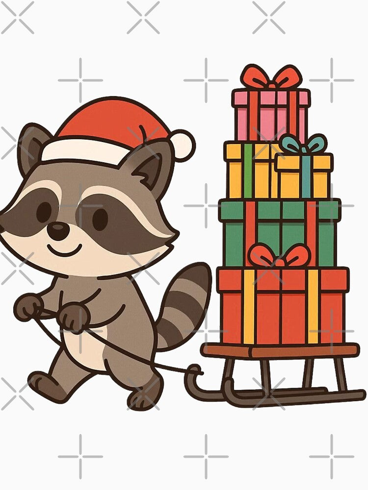Raccoon Pulling Christmas Sled – Festive Holiday Animal by Confuzz1ed