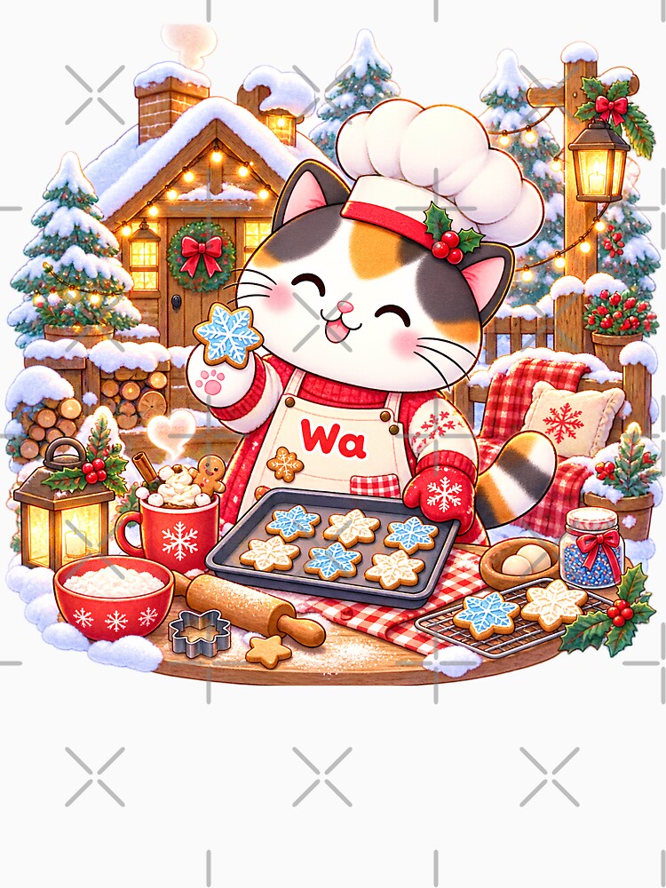 Kawaii Calico Cat Winter Baking Cat Cute Cartoon Animal Design by Wawa5656