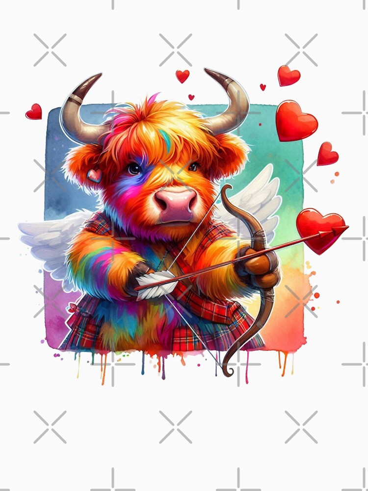 Valentines Cupid Scottish Highland Cow Colorful Watercolor by MaedK