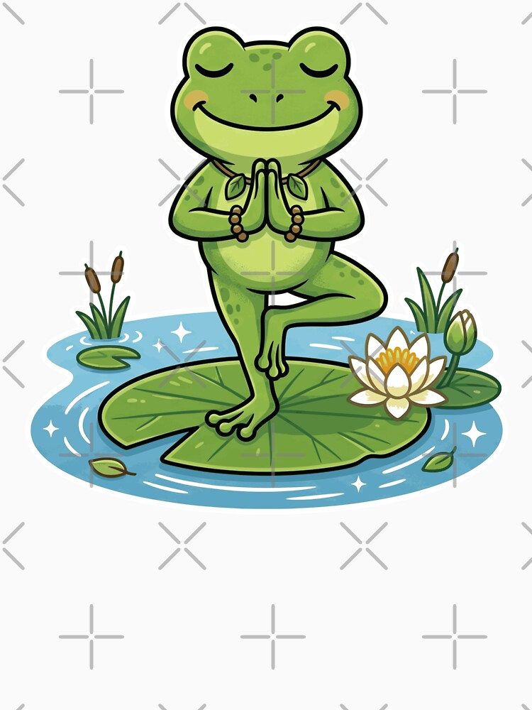 Yoga Frog on Lily Pad – Peaceful Tree Pose Cartoon Art by ArtsyExplorer