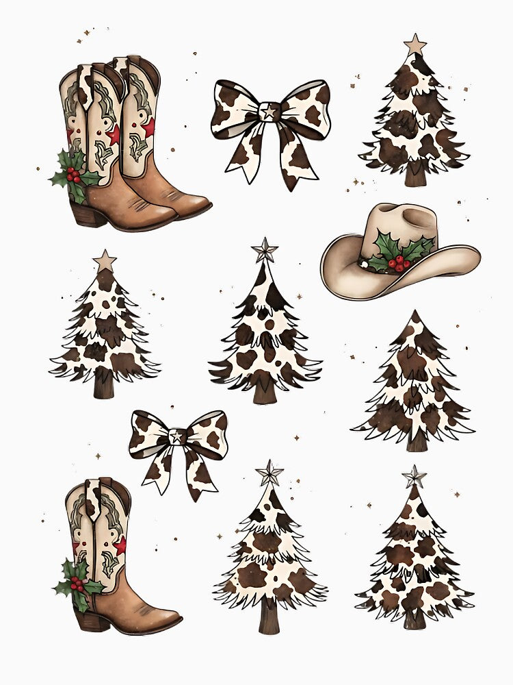 Western Christmas Aesthetic | Cow Print Holiday Boots and Trees | Country Girl Festive Design by colonpriscilla
