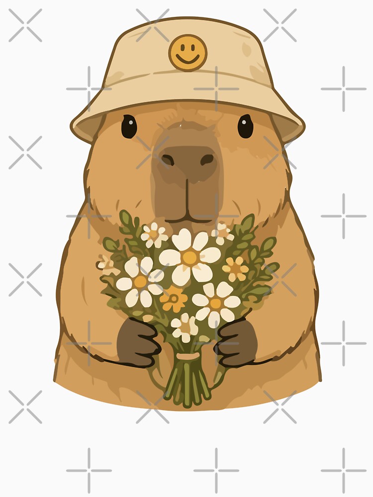 Capybara Cartoon with Flowers and Smiley Hat by stylishdzign