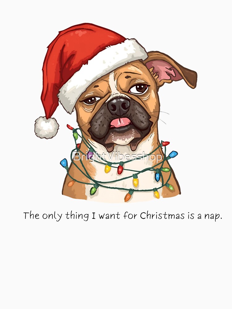 Sleepy Christmas Dog Wrapped in Lights and Santa Hat by BrightVibesshop
