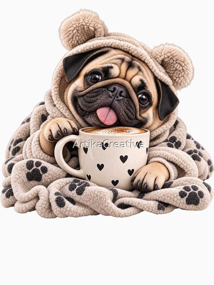Cozy Pug With Coffee by ArtikaCreative