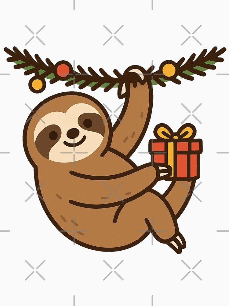 Sloth Hanging from Garland with Gift – Cute Holiday Character by Confuzz1ed