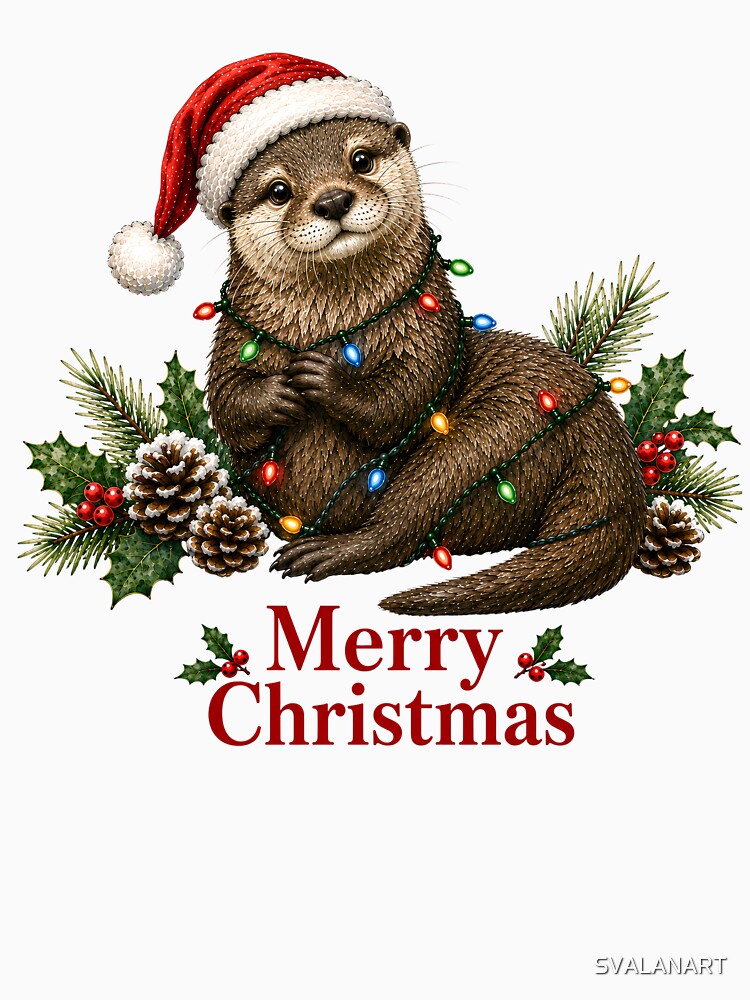 Otter Christmas – Merry Christmas Otter with Santa Hat & Christmas Lights by SVALANART