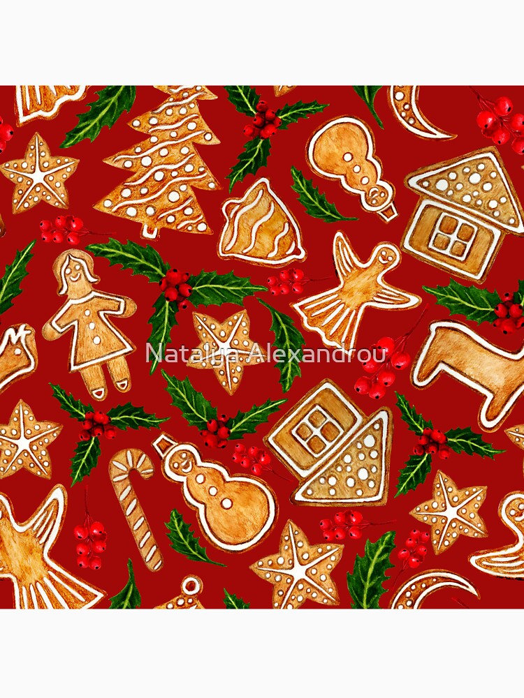 Watercolour Christmas pattern, red berries, Christmas cookies, red background. by Natalya Alexandrou