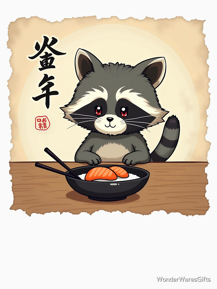 Cute Raccoon Eating Sushi | Kawaii Raccoon Art by WonderWaresGifts
