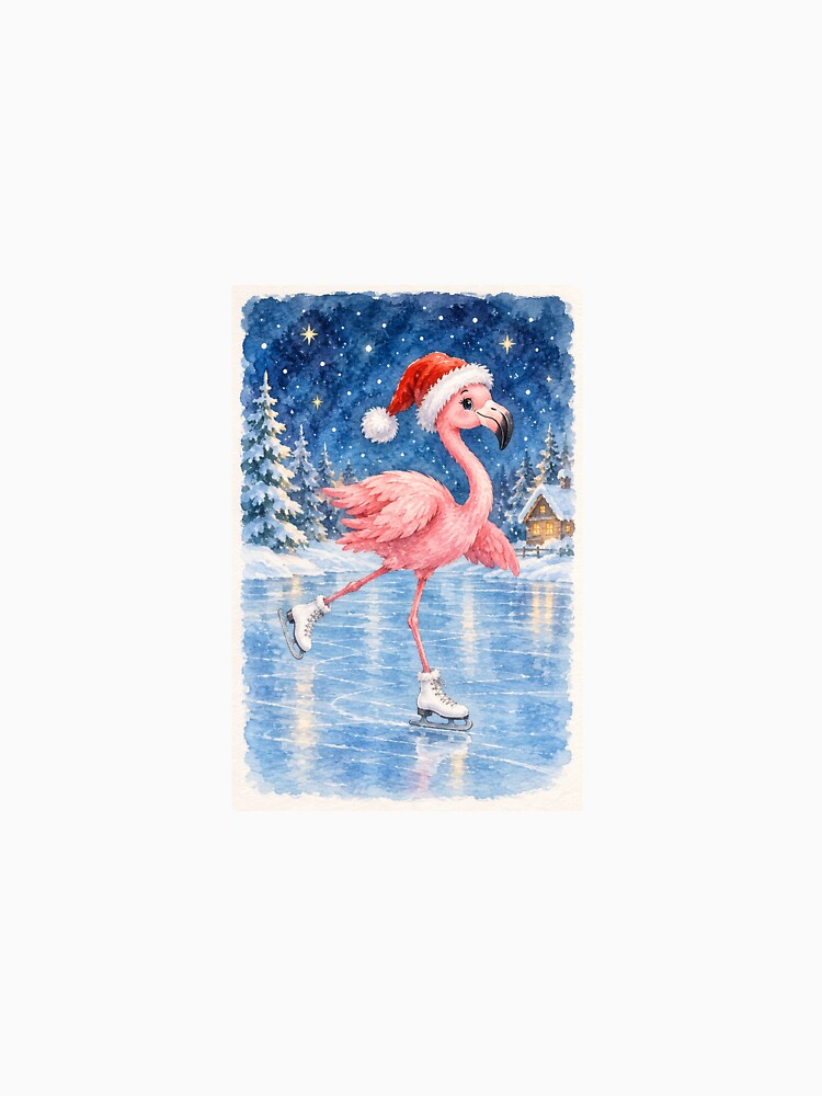 Cute Pink Flamingo Ice Skating with Santa Hat – Christmas Watercolor Illustration by mayatA-rt