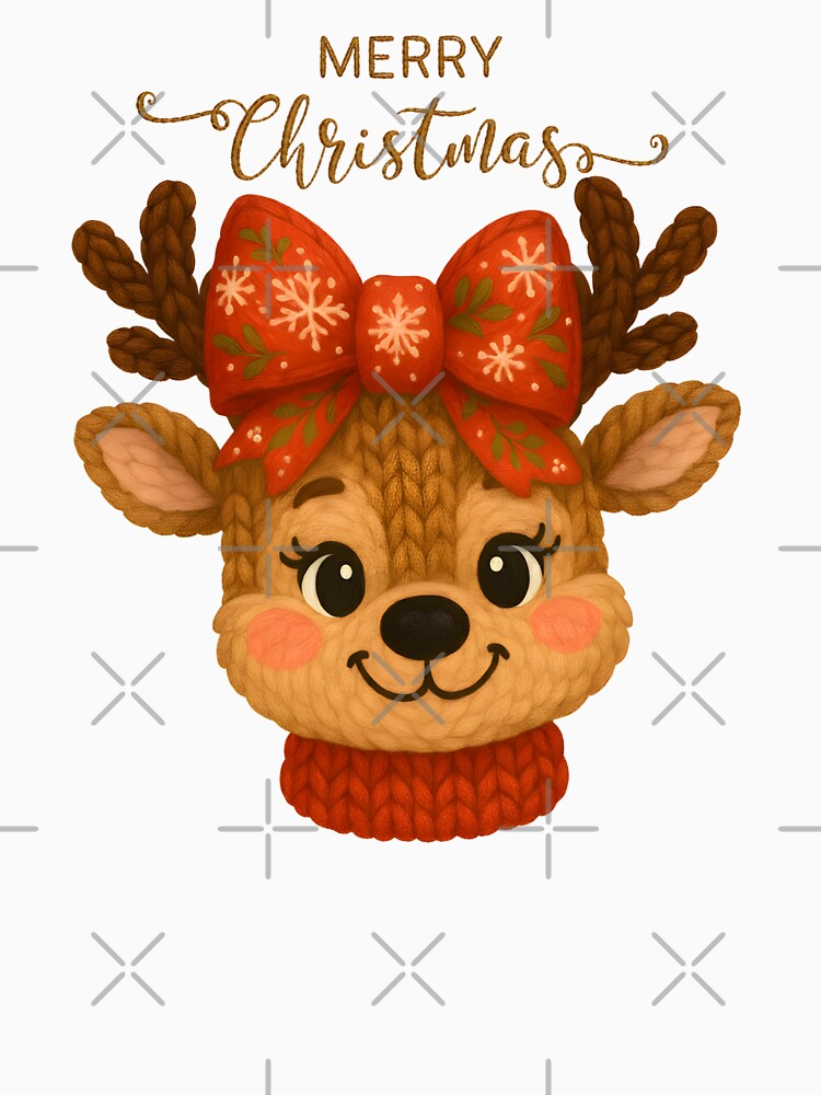 Cute Reindeer with Red Bow – Merry Christmas Knitted Illustration by Happy'CLICK'