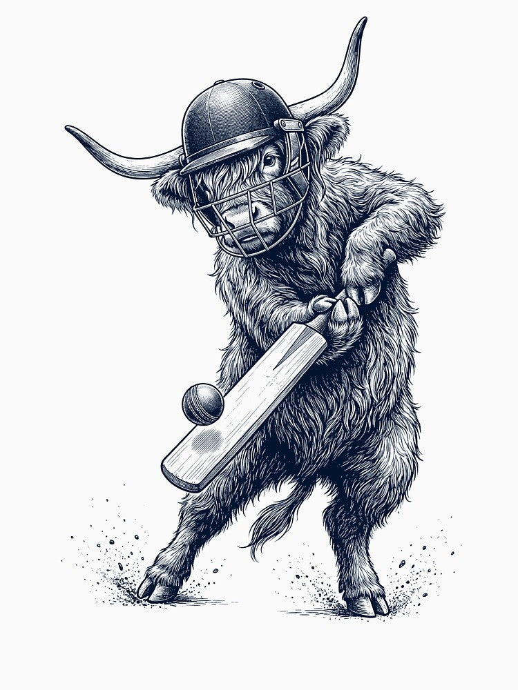 Vintage Highland Cow Playing Cricket Player Animal Lover by DoodleTortle