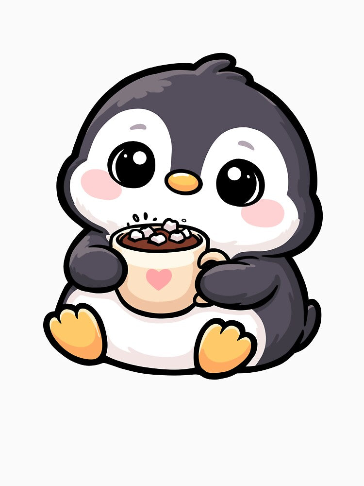 Kawaii Penguin Drinking Hot Chocolate – Cozy Winter Illustration by CozyCritterShop