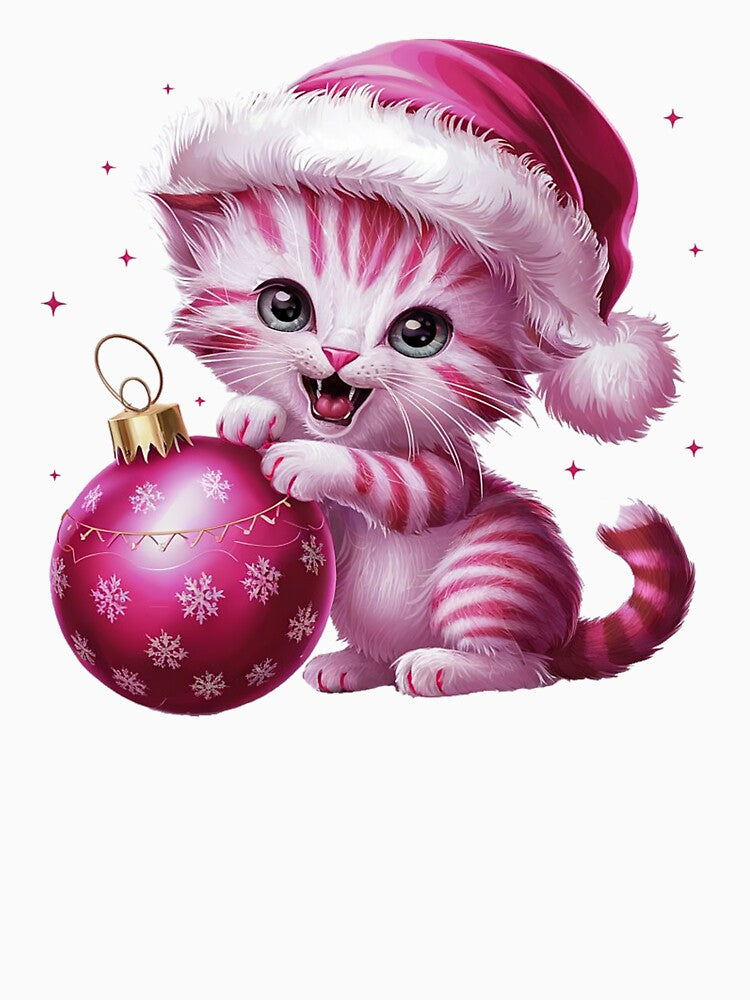 Pink Christmas Kitty Playing With Ornament | White by PinkGoddessLove