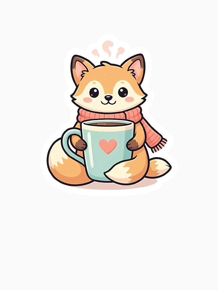 Cute Kawaii Fox with Cozy Winter Scarf and Coffee by YALLABUY