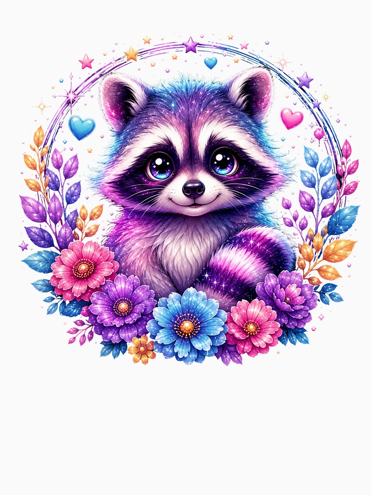 Cute Rainbow Raccoon with Magical Flowers and Stars by MySthore