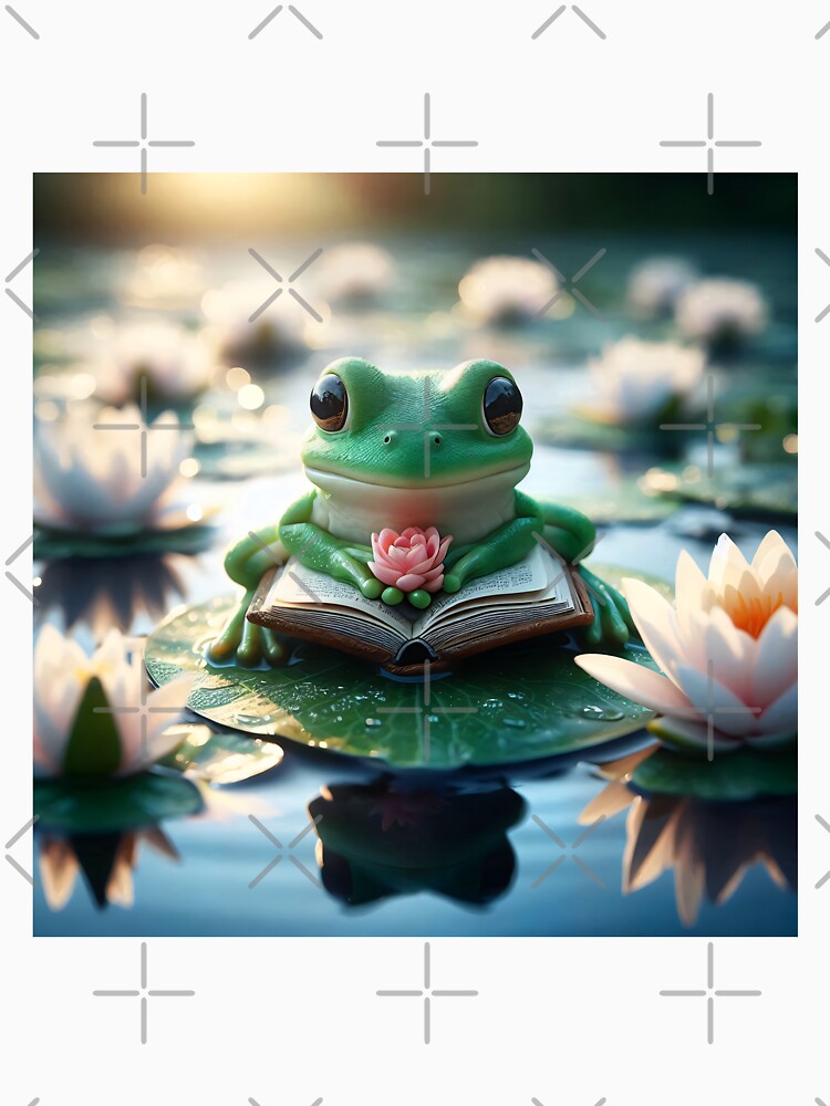 Cute Frog Reading Book Lily Pad by AI-Only Creations