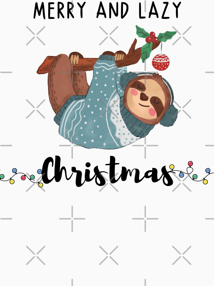 Merry and Lazy Christmas with a Cute Sloth in a Blue Sweater Hanging on a Branch by quinellie