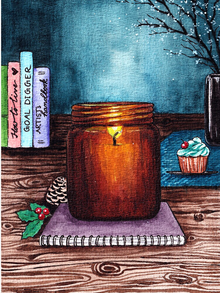 Jar Candle And Books Cosy Art In Watercolor by Oirabot