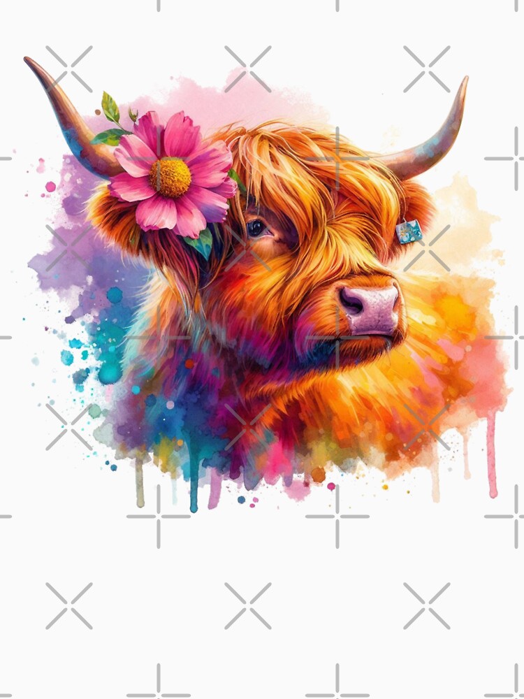Pretty Scottish Highland Cow with Flower Colorful Watercolor by MaedK
