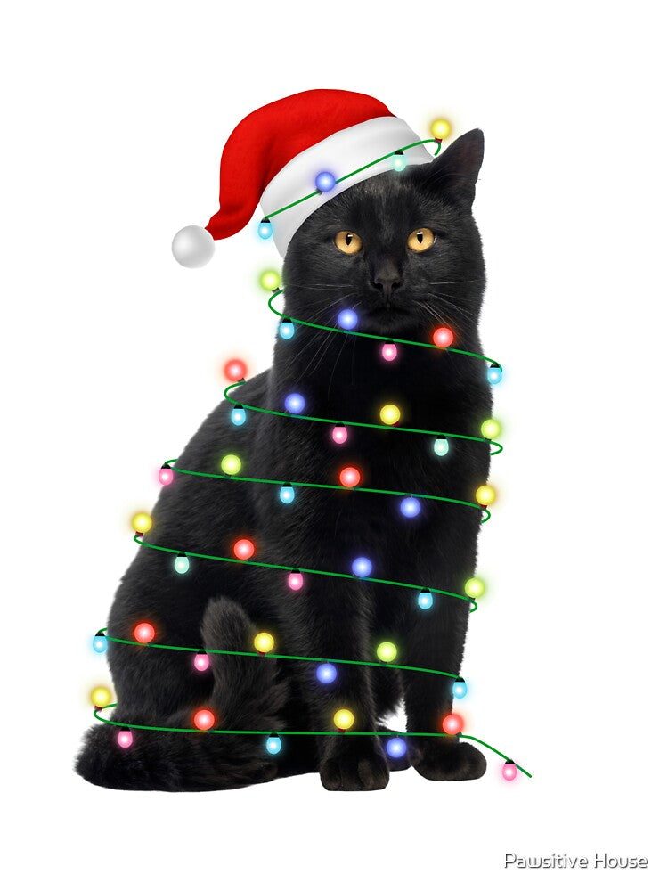 Santa Black Cat Tangled Up In Christmas Tree Lights Holiday by Pawsitive House