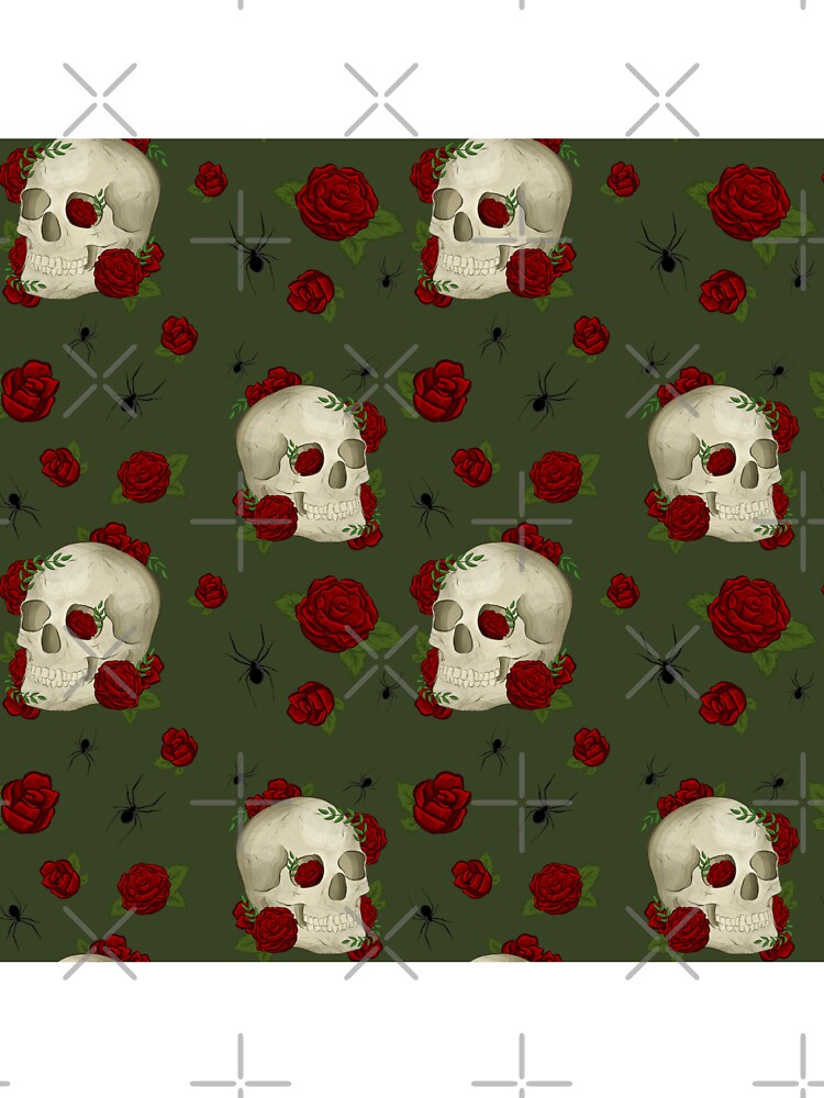 Vintage Dark Academia Skulls, Roses, Spiders with Dark Green Background by serafineaandd