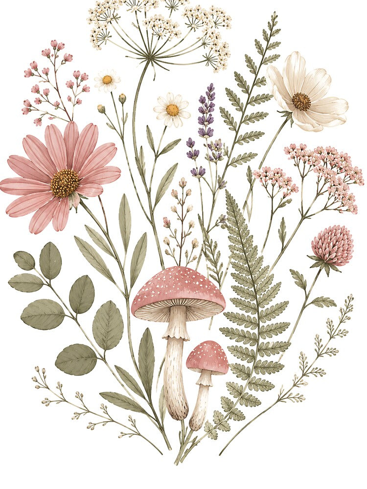 Wildflower and Mushroom Botanical Bouquet T-Shirt by BhavyaMR