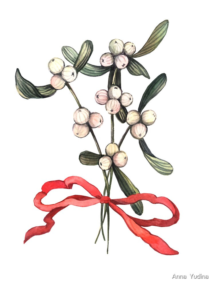 Watercolor Christmas branch mistletoe by Anna  Yudina