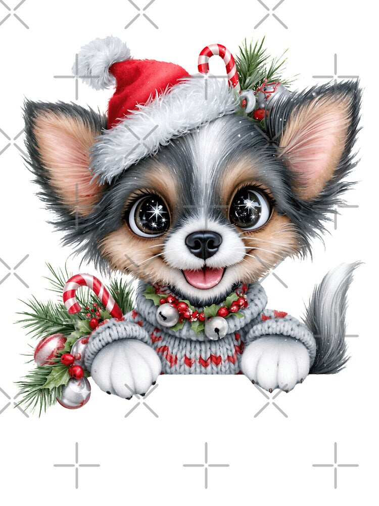 Cute Christmas Chihuahua Dog - Fluffy Puppy Santa Hat Holiday Art by FrescoDesign
