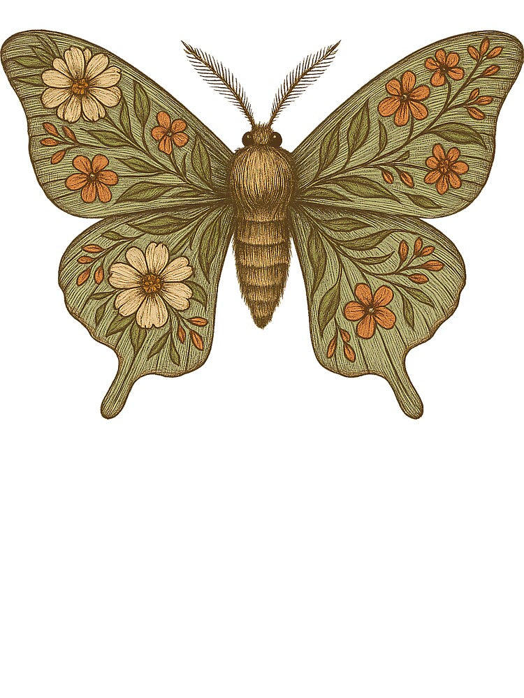 Vintage Floral Moth – Rustic Wings with Botanical Blossoms by Zee's Whimsical Wonders