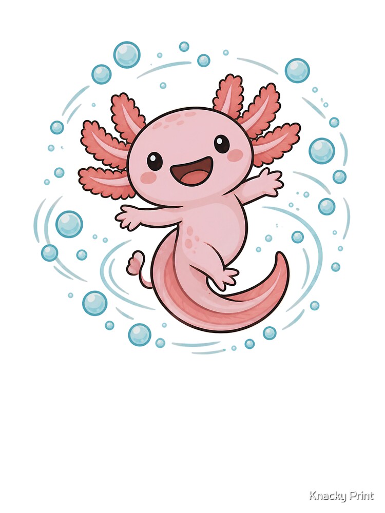 Cute Pink Axolotl with Bubbles - Kawaii Happy Axolotl Art by Knacky Print