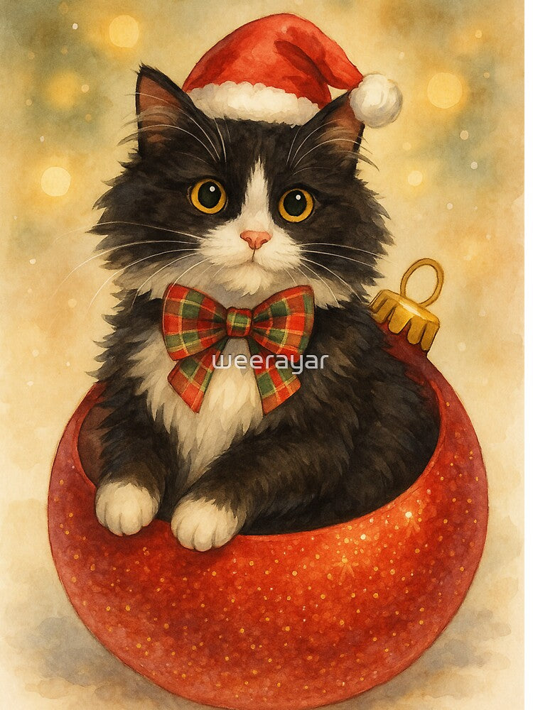 Fluffy Tuxedo Cat Christmas Ornament | Cute Holiday Cat in Santa Hat Watercolor Art by weerayar