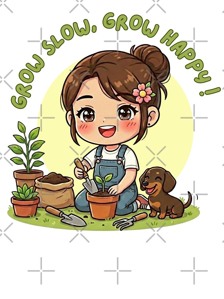 Grow Slow, Grow Happy – Cozy Gardening Girl Illustration by Beeform