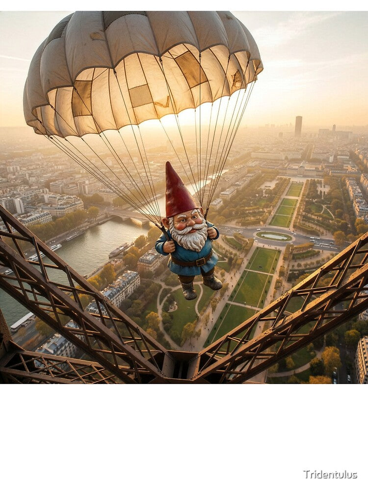 Garden Gnome Parachutes Off Eiffel Tower by Tridentulus