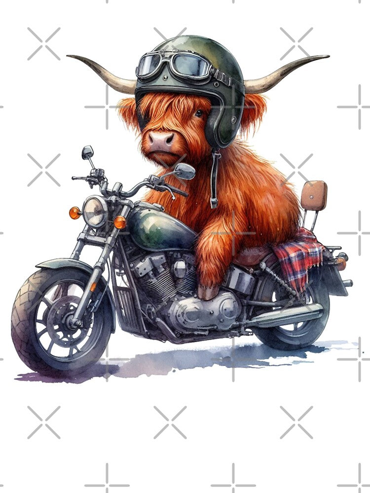 Cool Scottish Highland Cow on a Motorbike Colorful Watercolor by MaedK