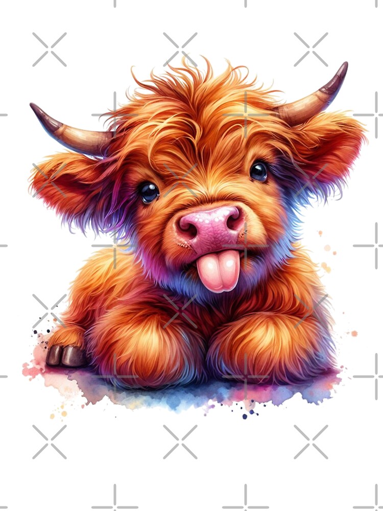 Cute Scottish Baby Highland Cow Calf Sticking Out Tongue Colorful Watercolor by MaedK