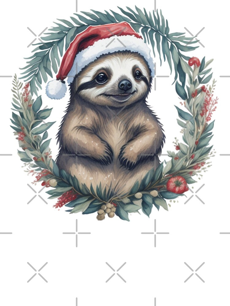 Cute Christmas sloth in Santa's hat in floral wreath - watercolor retro portrait. by SaraSumi