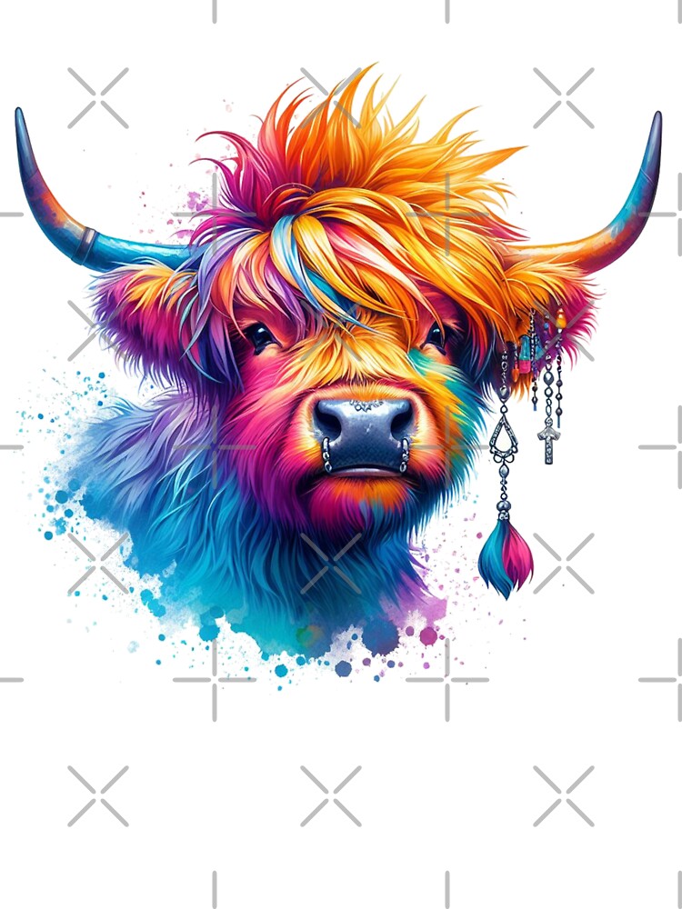 Punk Rocker Scottish Highland Cow Colorful Watercolor by MaedK