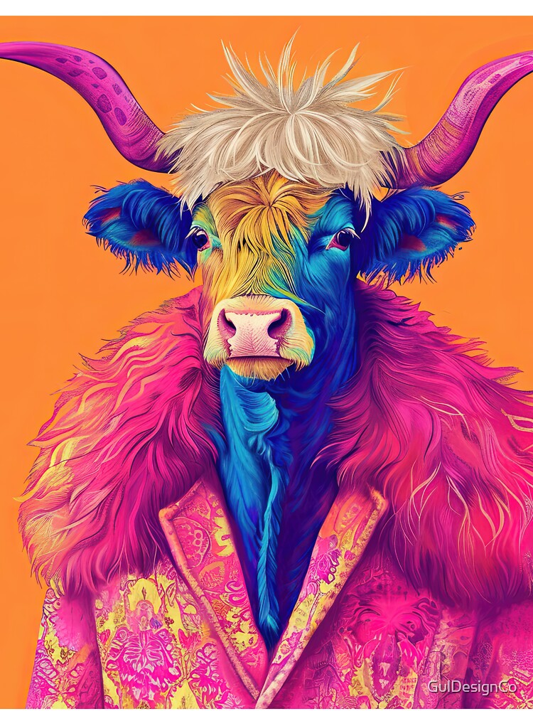 Anthropomorphic Hipster Highland Cow Portrait by GulDesignCo