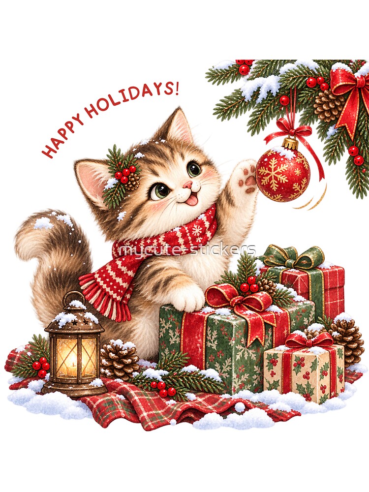 Happy Holidays Playful Kitten with Gifts by mycute-stickers
