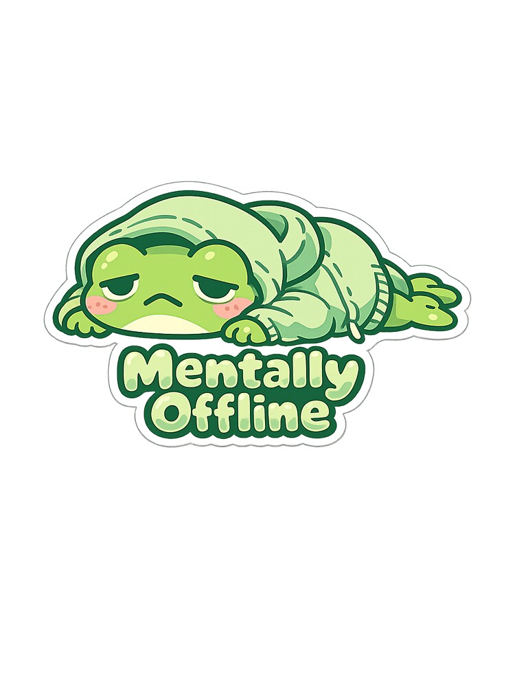 Mentally Offline Frog Sticker – Cute Exhausted Frog in Hoodie by InkWanderStudio