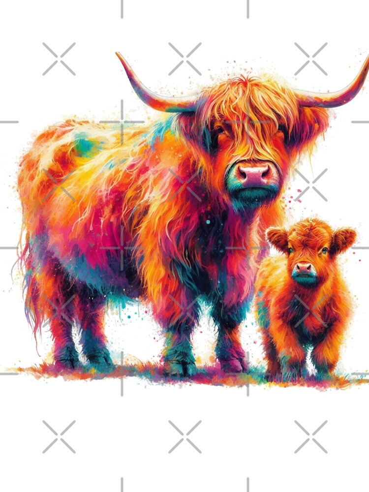 Scottish Highland Cow and Calf Colorful Watercolor by MaedK