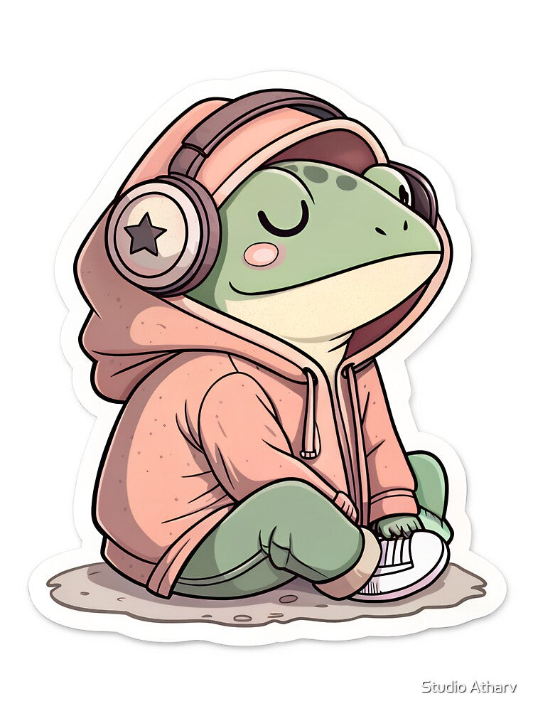 Frog in Hoodie Sticker | Cute Cozy Frog Aesthetic Headphones Design by Studio Atharv