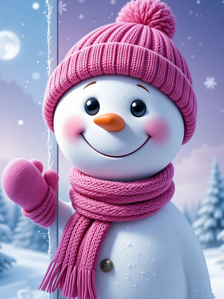 Playful Snowman Peeking Illustration – Festive Winter Holiday Art in Pink and Frosty Colors by PixelVibe782