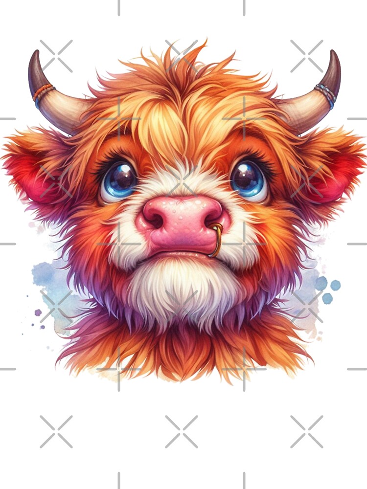 Cute Scottish Baby Highland Cow Calf Colorful Watercolor by MaedK