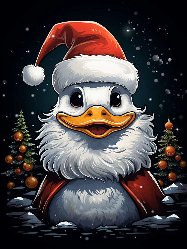Adorable Christmas Duck in Santa Hat with Snowy Winter Night by kennmasrtala13