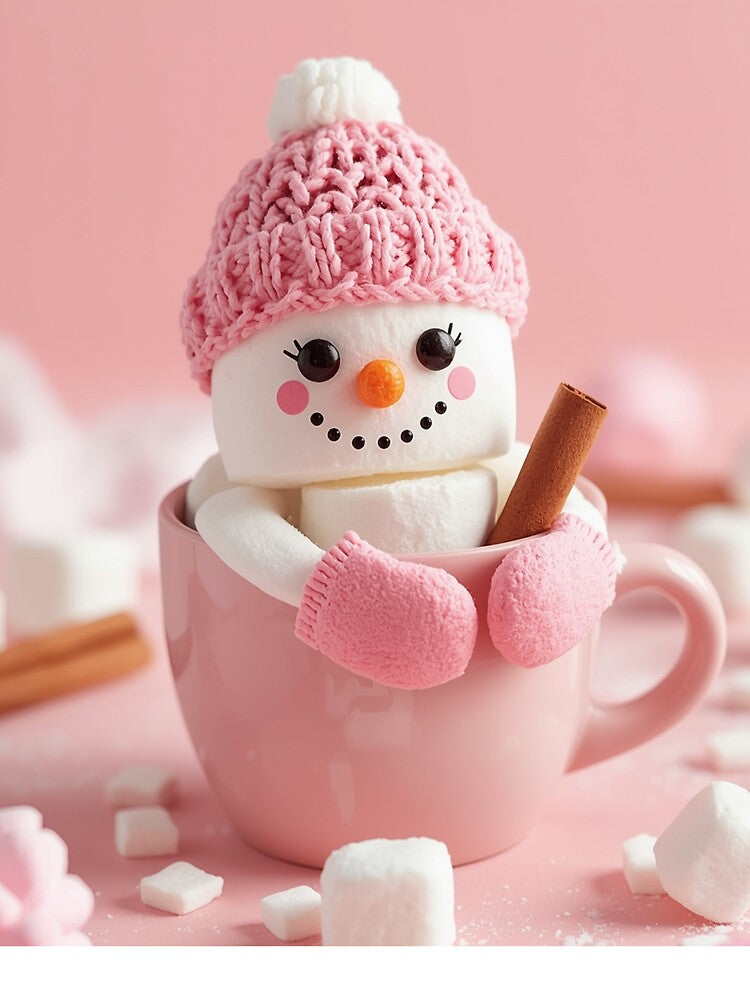 Adorable Marshmallow Snowman in Pink Mug with Cozy Winter Charm by PixelVibe782